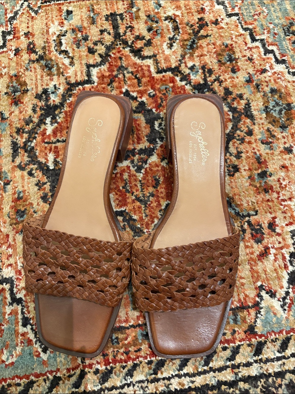 Seychelles Tan woven Slide block heel sandals